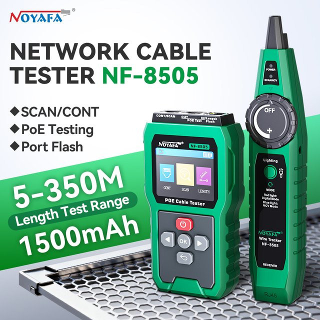 NOYAFA NF-8505 Netzwerkkabel-Tester mit LCD-Display, Kabel-Tracer, PoE-Prüfer und Kabelentfernungsmesser in Grün - Bild 1