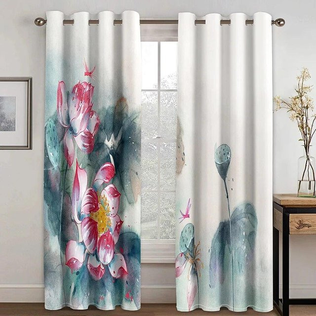 A Family Of Home Textiles Verdunkelungsvorhang im chinesischen Stil mit Landschaftsmotiv, 2er-Set, Mehrfarbig, Breite: 50 cm, Höhe: 130 cm pro Paneel - Bild 1