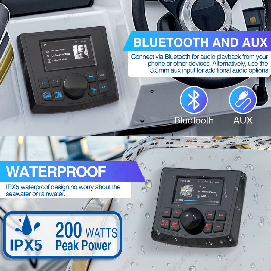 AKAMATE Marine Radio MP5 Bootsradio mit 3 Zoll Display, Wasserdicht IPX5, Bluetooth, AUX, AM/FM/RDS, Schwarz - Bild 4