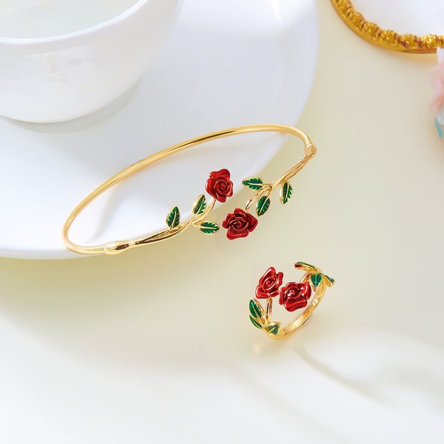RINHOO FRIENDSHIP Schmuck-Set, Armband und Ring, Rote Rose, Gold, Damen - Bild 1