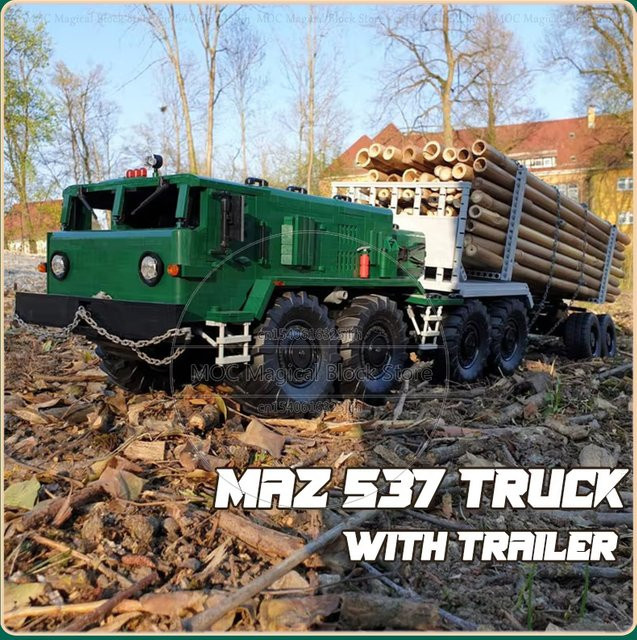 MOCBUILDING MAZ 537 Lkw mit Anhänger Bausteine Set in Grün als pädagogisches DIY Fahrzeug Modell Spielzeug - Bild 1