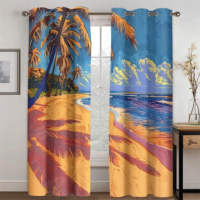 2er-Set Vorhänge mit 3D-Palmen- und Meeresküsten-Motiv in Multicolour, halbtransparentes Polyester für Wohnzimmer, Schlafzimmer und Balkon, Breite: 50 cm, Höhe: 130 cm pro Stück - Bild 1