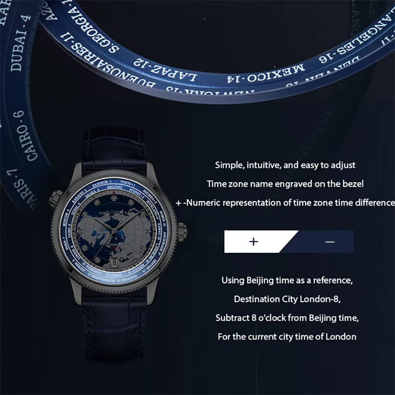 Sea-Gull Armbanduhr, World Time, Automatik, Edelstahl, Blau, 41 mm, Herren - Bild 4
