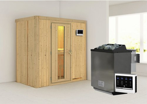 Karibu Sauna Pärnu Bio-Kombi-Sauna für 2 Personen mit 9 kW Bio-Kombi-Saunaofen und externer Steuerung, beige - Bild 1
