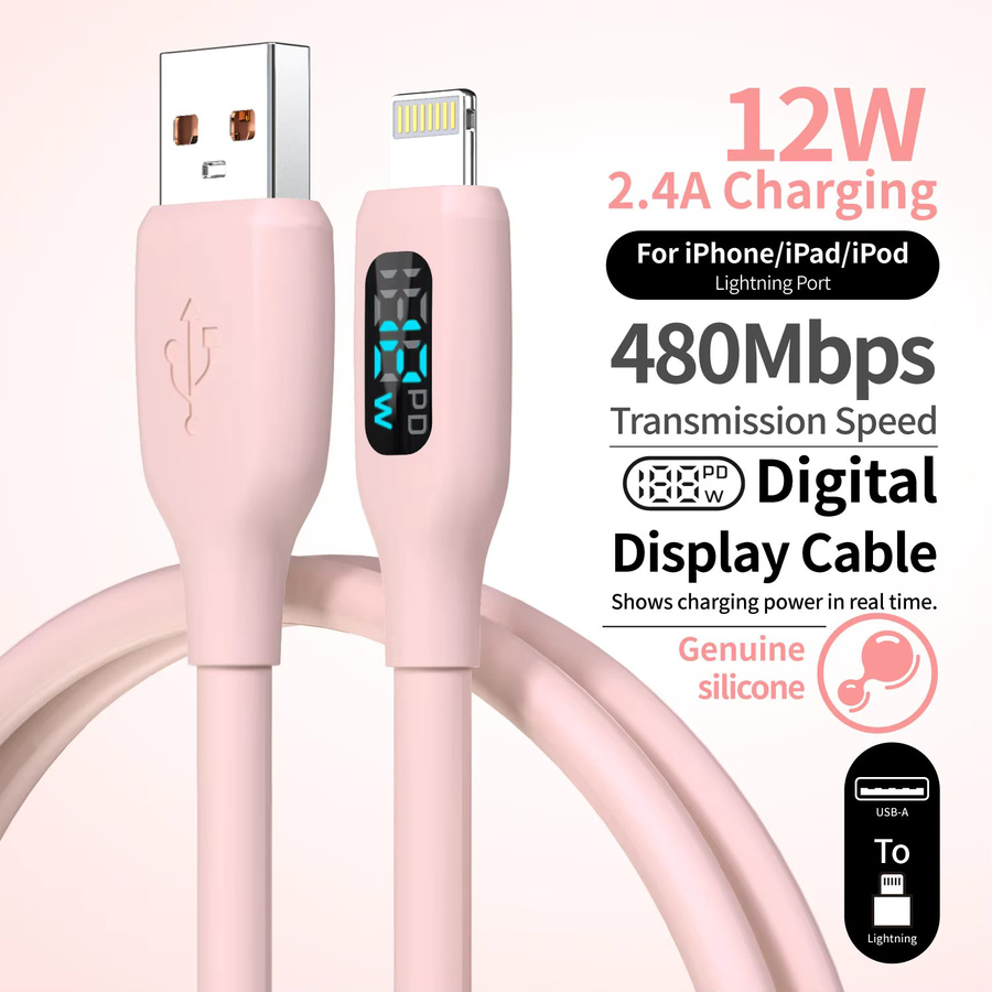 LAIHONEN MFI-zertifiziertes USB-A-auf-Lightning-Lade- und Datenkabel aus weichem Silikon mit LED-Digitalanzeige in Macaron-Pink für iPhone 14-8 Serie - Bild 6