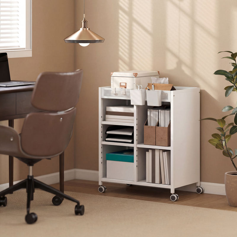 HOMCOM Bücherregal auf Rollen, 4-stufiger Bücherwagen mit verstellbaren Regalböden, Hängekörben und Haken, Weiß, B/T/H: 34 x 14 x 69,5 cm - Bild 2