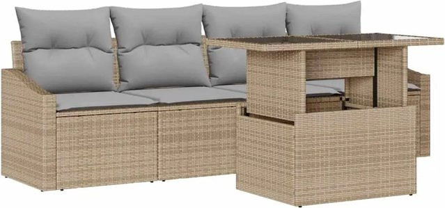 vidaXL Garten-Sofa-Set aus Poly-Rattan in Beige und Grau mit 5 Teilen, inklusive Kissen und Couchtisch - Bild 1