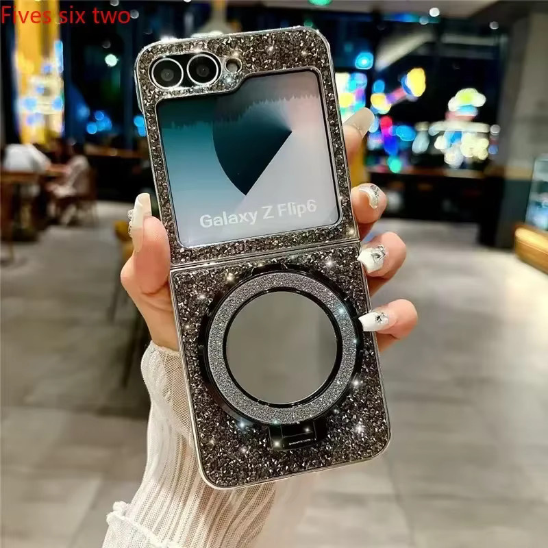 Glitzernde Handyhülle mit Make-up-Spiegel für Samsung Galaxy Z Flip 7, 6, 5, 4, 3 in Schwarz, stoßfeste Rückseite - Bild 3