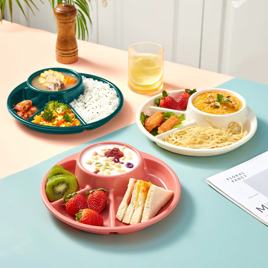 WORTHBUY Runder Salatteller aus Melamin in Pink mit Gabel und Löffel, geteilter Speiseteller für Kinder und Studenten, spülmaschinenfest und mikrowellengeeignet - Bild 2