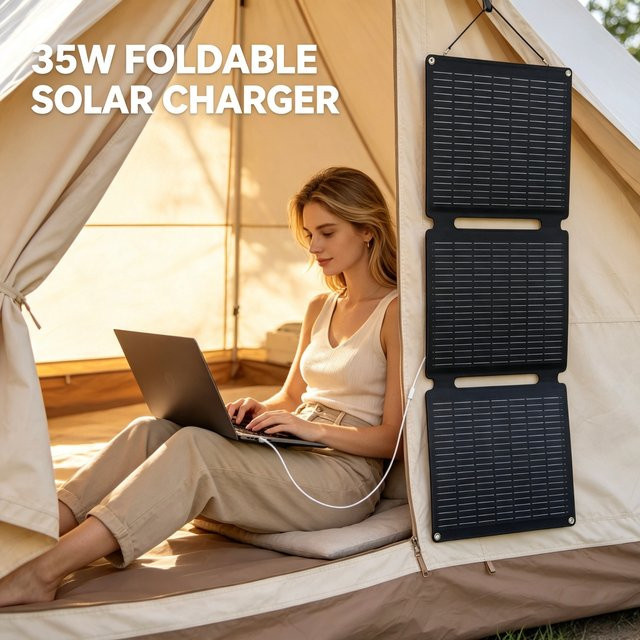 JINGYANGPV 35W Faltbares Solarpanel in Schwarz mit USB-A und Typ-C Anschluss, Tragbares Outdoor-Solarladegerät für Camping und Schnellladung von 2 Geräten gleichzeitig - Bild 1