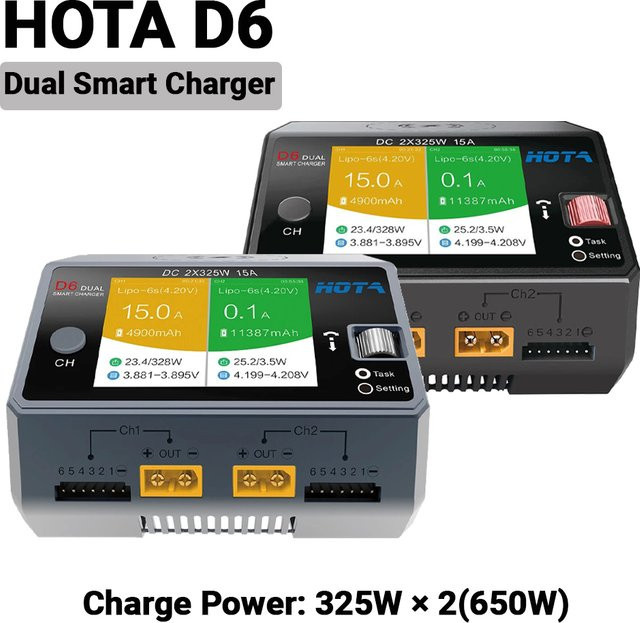 HOTA D6 Dual Smart Ladegerät DC650W 15A in Schwarz mit integriertem Micro-USB für Lipo LiIon NiMH Akkus - Bild 1