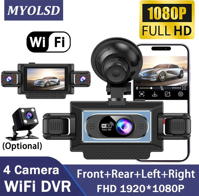 MYOLSD 4-Linsen 360-Grad Dashcam mit WLAN-App, 4-Kanal Auto-DVR in 1080P mit Fahrer- und Rückfahrkamera, Schwarz - Bild 1
