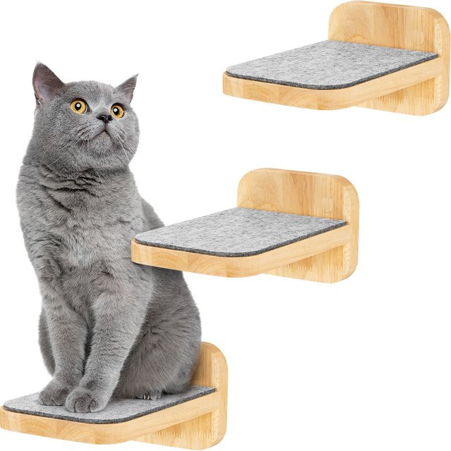 HAPPYPET Katzentreppen 3er-Set für Wandmontage aus nachhaltigem Hartholz in Natur mit Filzbezug, Design Katzenkletterwand für erwachsene Katzen, Farbe: Braun - Bild 1