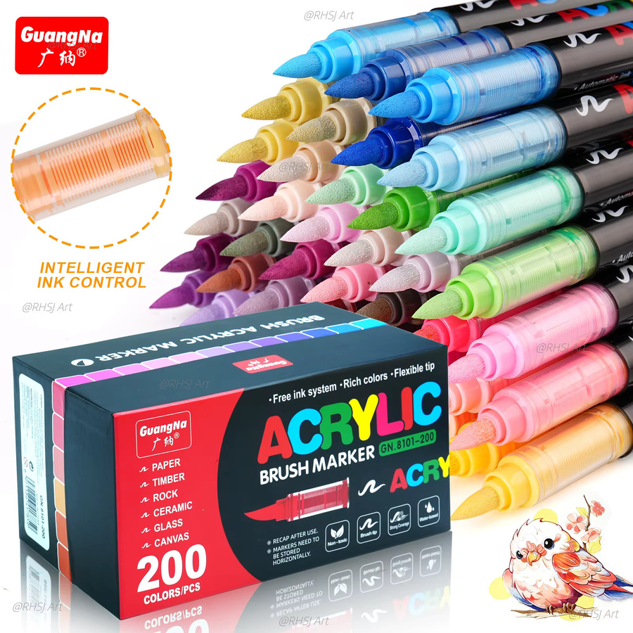 Professionelles Acryl-Markierstift-Set mit 200 Farben und weicher Pinselspitze, schnell trocknende wasserbasierte Tinte für Stein, Kunststoff, Holz, Leinwand und Glas, Mehrfarbig - Bild 4