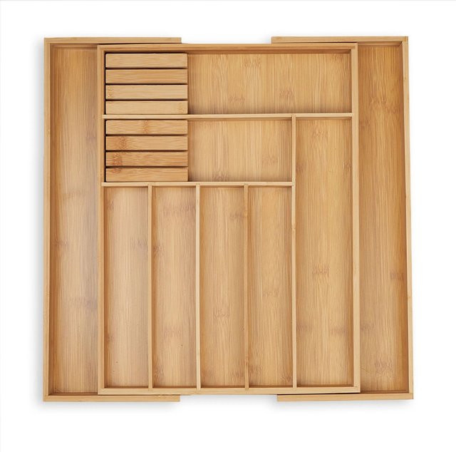 Relaxdays Besteckkasten aus Bambus in Natur Braun, ausziehbar, B/T/H: 44,5 x 45 x 5,5 cm - Bild 1
