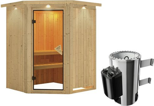 Karibu Sauna Wolmar aus Fichtenholz in Beige inklusive 3.6 kW Saunaofen mit integrierter Steuerung für 3 Personen, B/T/H: 202 x 165 x 165 cm - Bild 1
