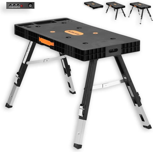 Fuxtec 5in1 Universal-Werkbank klappbar und rollbar in Schwarz mit Steckdosenleiste und höhenverstellbarer Arbeitsfläche aus Stahl und Kunststoff, B/T/H: 150 x 78 x 59 cm - Bild 1