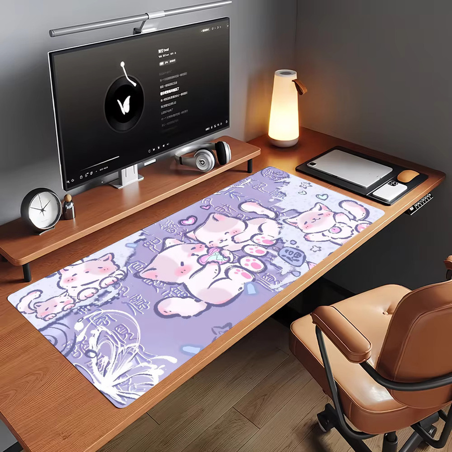 Großes XXL Mauspad Anime Niedliche Katze Segensbringer in Lila, rutschfeste Schreibtischunterlage für PC und Laptop - Bild 5
