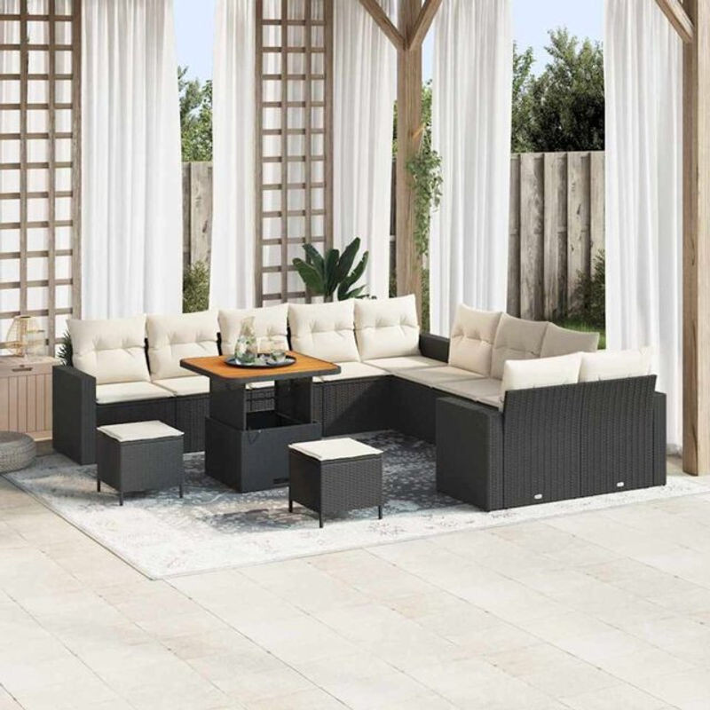 vidaxl Garten-Sofa-Set aus Poly-Rattan und Massivholz in Schwarz, 13-teilig, modern - Bild 1