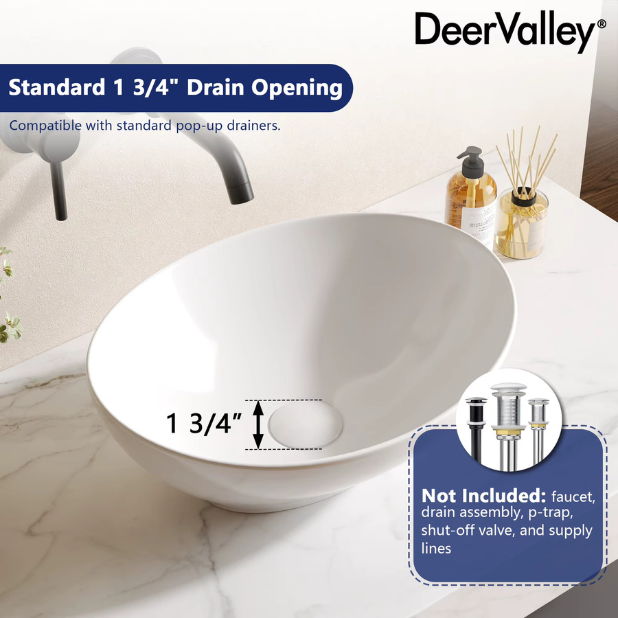 DeerValley Aufsatzwaschbecken Oval aus Keramik in Weiß, B: 41 cm, T: 33,5 cm, H: 14,5 cm, ohne Überlauf - Bild 4