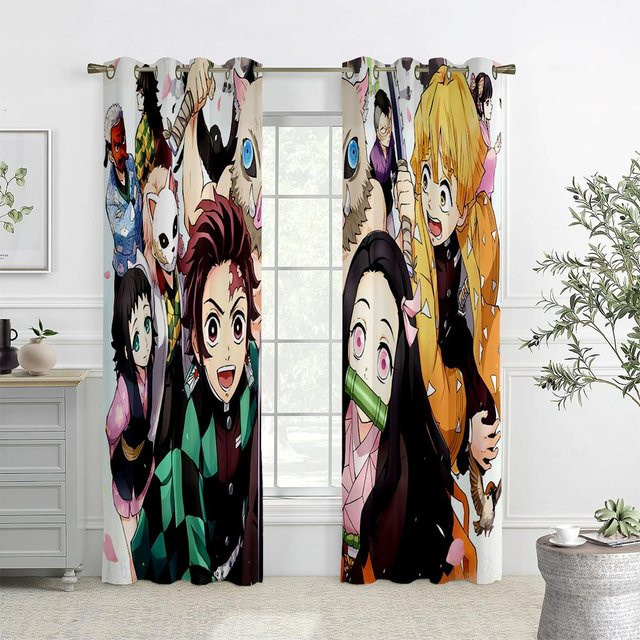 2er-Set Japanische Anime-Fenstervorhänge mit Musterdruck, halbtransparent, Mehrfarbig, Breite: 50 cm, Höhe: 140 cm - Bild 1