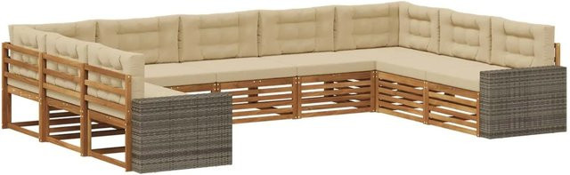 vidaXL Outdoor-Sofagarnitur aus Massivholz Akazie in Natur und Beige, 9-teiliges U-Form Set mit Sitz- und Rückenkissen - Bild 1