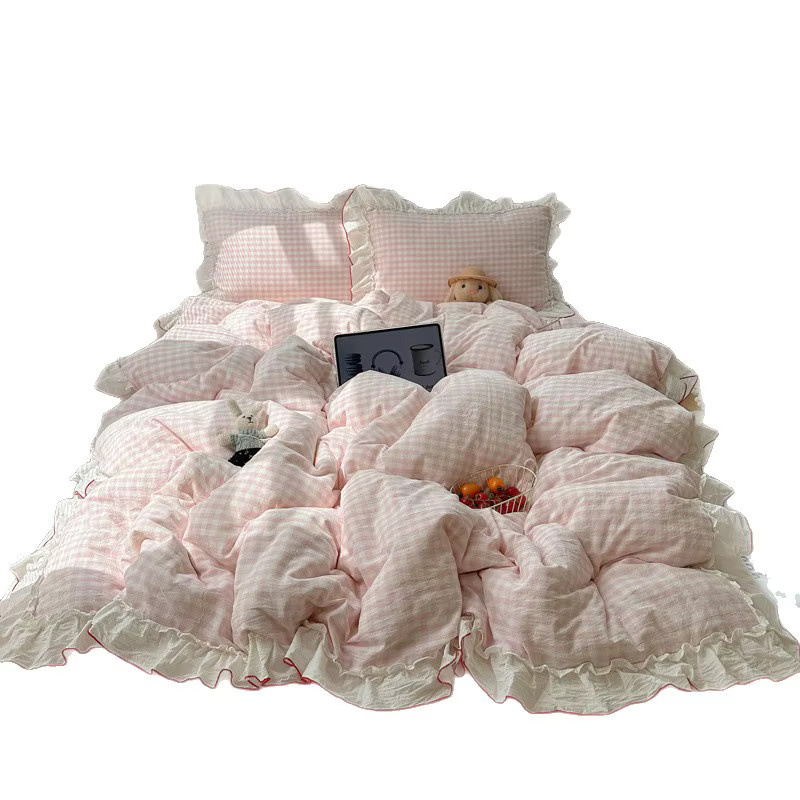 Rosa Kariertes Bettwäsche-Set im Koreanischen Stil mit Bettbezug und Kissenbezügen, Shabby Chic, Breite: 150 cm, Höhe: 200 cm - Bild 2