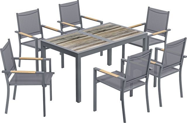 Outsunny 7-teiliges Garten-Essset mit Tisch in Holzoptik und 6 stapelbaren Stühlen, Dunkelgrau - Bild 1