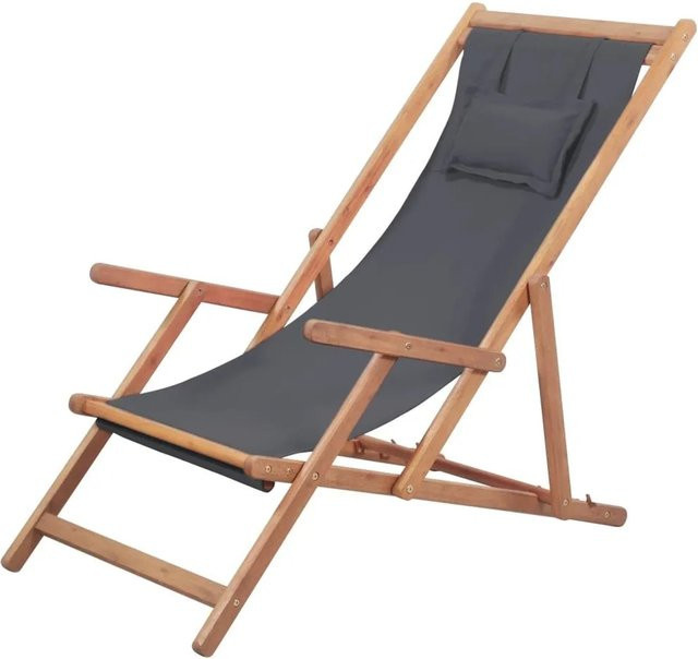 vidaXL Klappbarer Strandstuhl aus Eukalyptusholz und grauem Stoff mit wetterfesten Kissen - Bild 1