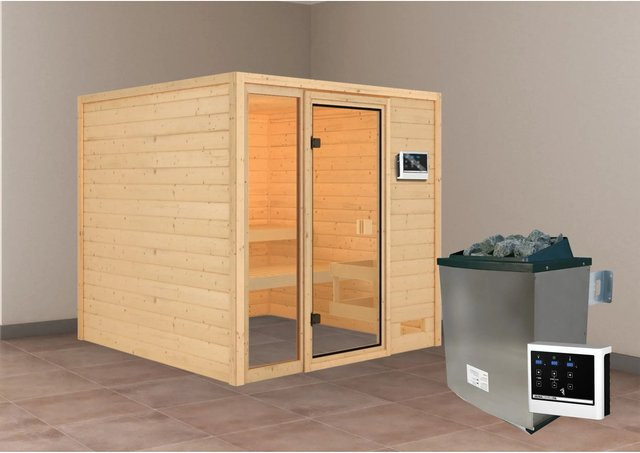 Karibu Massivholzsauna Jutta in Natur mit 9,0 kW Ofen und externem Steuergerät, B/T/H: 196 x 196 x 187 cm - Bild 1