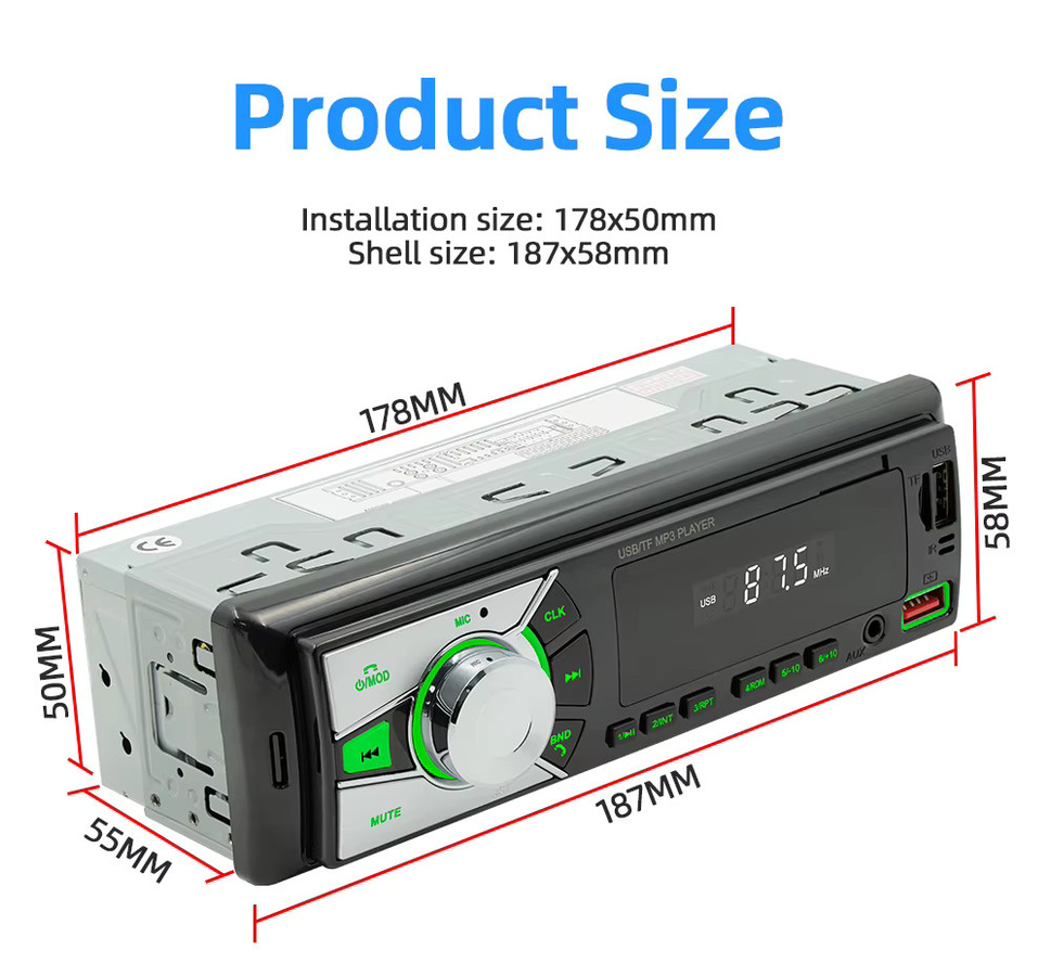 BQCC Universal 1DIN Auto Radio MP3 Player mit Bluetooth, FM, AUX, USB und TF-Kartenslot in Schwarz mit 7 Farben LED-Beleuchtung - Bild 3