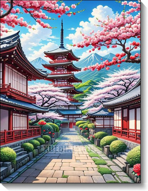 QIZITENG DIY Diamantmalerei Kit Kirschblüte und Fuji Berg Landschaft Illustration in Mehrfarbig - Bild 1