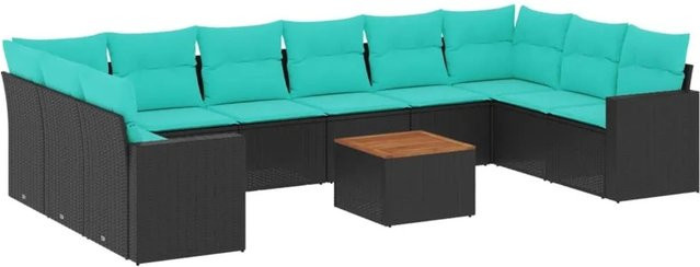 vidaXL 11-teilige Garten-Sofagarnitur aus Poly-Rattan und Akazienholz mit Kissen in Schwarz und Blau - Bild 1