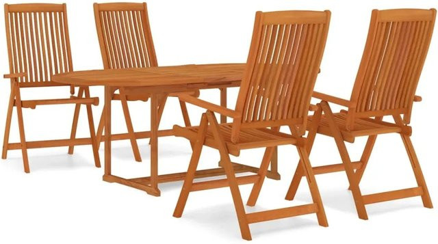 vidaXL 5-tlg Garten-Essgruppe aus Eukalyptusholz in Braun, ausziehbarer Esstisch mit rustikalem Design für Garten und Terrasse, B/T/H: 150 x 100 x 75 cm, 4 Stühle mit H: 50 cm, B: 50 cm, T: 50 cm - Bild 1