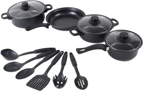 Pavo 13-teiliges Kochgeschirr-Set aus Aluminium mit Antihaftbeschichtung und Glasdeckeln in Schwarz - Bild 1