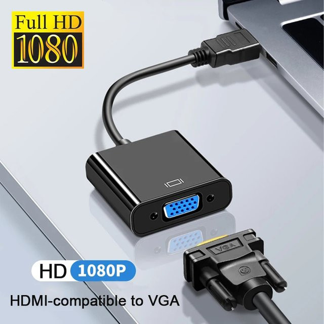 HDMI auf VGA Konverter mit 3,5 mm Audio-Anschluss und Netzteil in Schwarz für Full HD 1080p, ideal für Laptop, Desktop PC, Tablet und Projektor - Bild 1