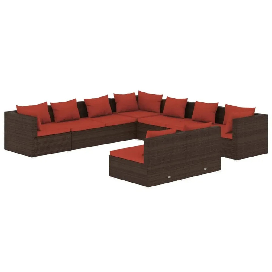 vidaXL 9-tlg. Garten-Lounge-Set in L-Form aus Poly-Rattan mit Kissen in Braun und Rot - Bild 2