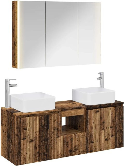 vidaXL Badezimmerschrank-Set 4-teilig in Altholz-Optik Braun mit LED-Beleuchtung und Spiegelschrank - Bild 1