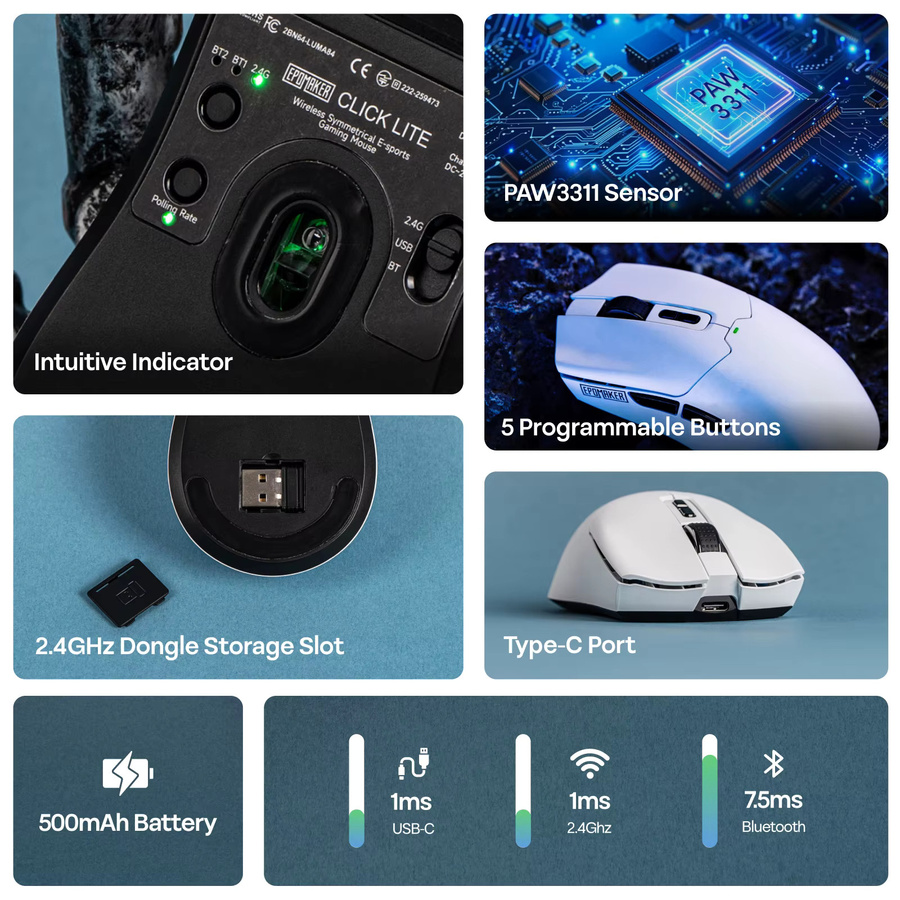 EPOMAKER Click Lite Tri-Mode kabellose ergonomische Gaming-Maus mit PAW3311-Sensor und bis zu 24.000 DPI in Schwarz oder Weiß - Bild 3