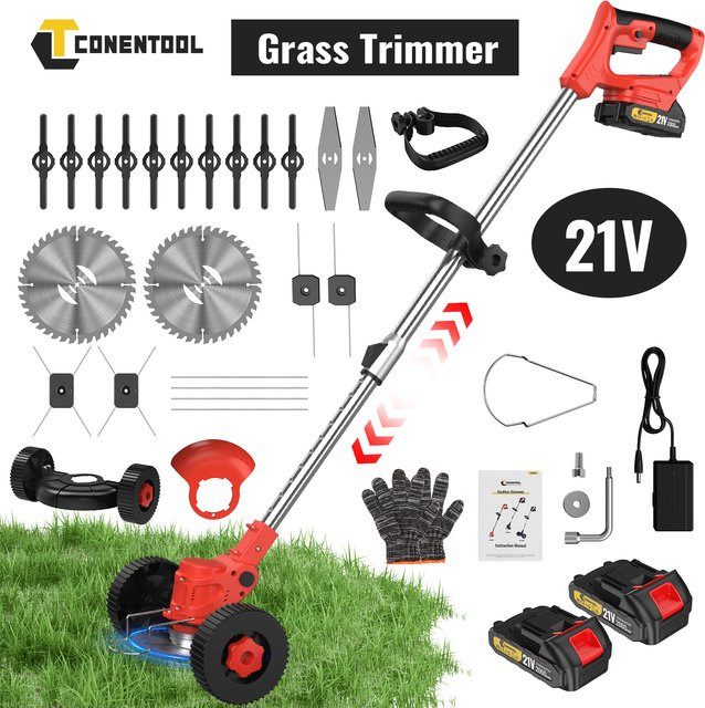 Conentool Akku-Rasentrimmer 21V 650W 8500RPM Rot mit 5 Arten Klingen und Stützrad kompatibel mit Makita LXT - Bild 1