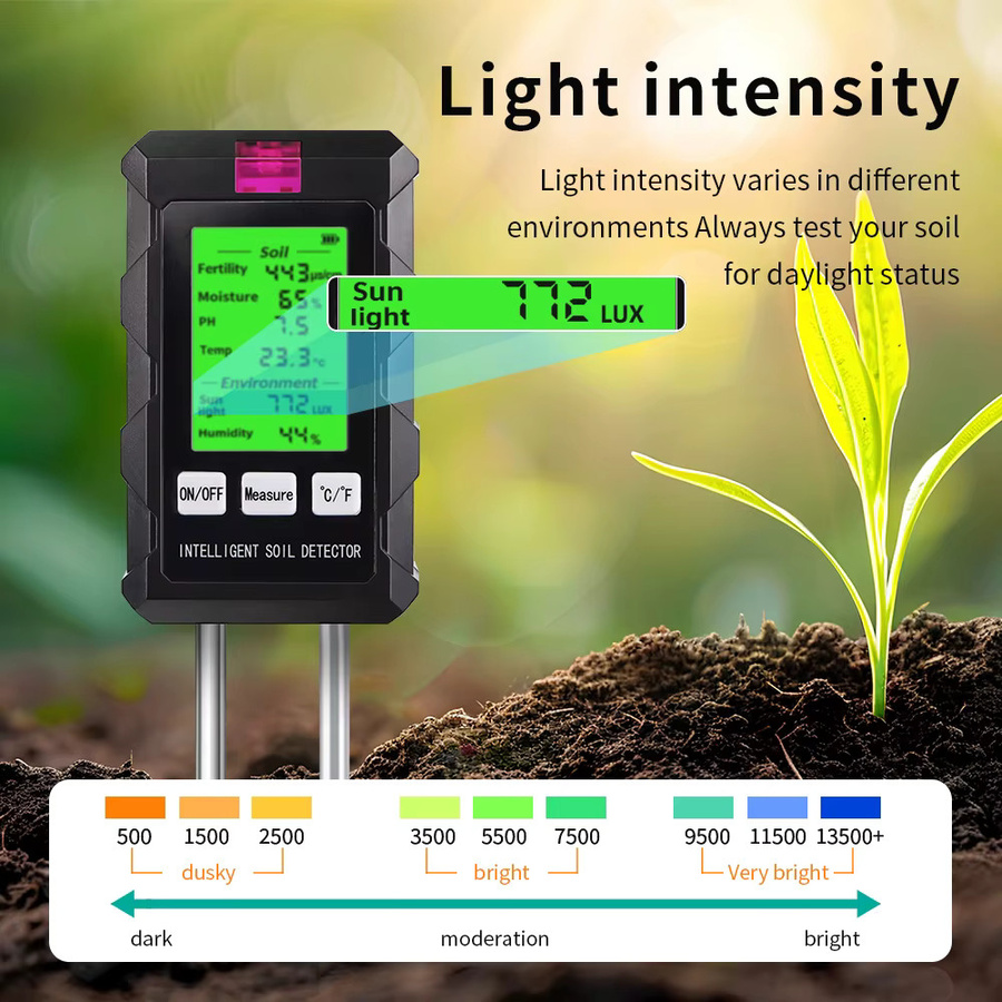 JUANJUAN Digitaler 6-in-1 Bodenfeuchtigkeitstester in Schwarz zur Pflanzenanalyse mit PH-Meter, Temperatur- und Sonnenlicht-Monitor - Bild 6