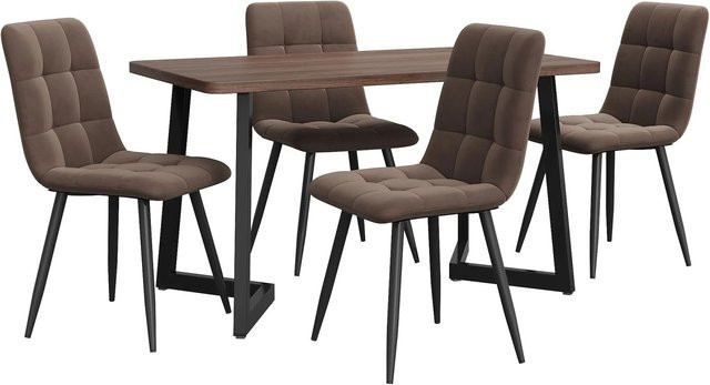 Merax Essgruppe 5-teilig mit Esstisch in Walnuss-Optik und 4 Samtstühlen in Braun, Tisch aus MDF und Metallbeinen in Schwarz - Bild 1