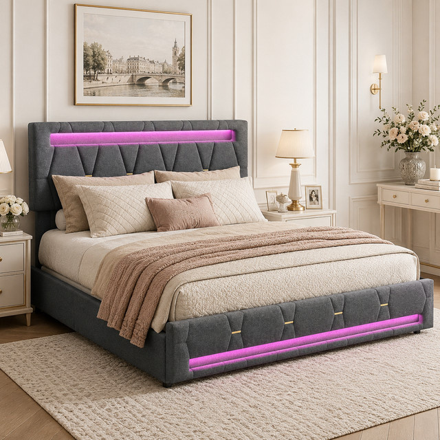 Polsterbett Grau mit 4 Schubladen und verstellbarem Kopfteil, Doppelbett mit Stauraum und Holzlattenrost, B/T/H: 140 x 200 cm - Bild 1