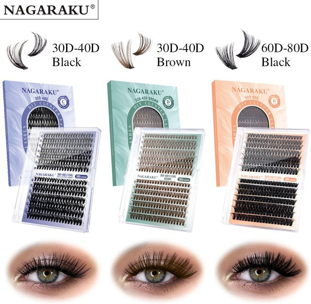 NAGARAKU Künstliche Wimpern Cluster, D-Curl, 9-15mm, Schwarz, Matt, Unisex - Bild 1