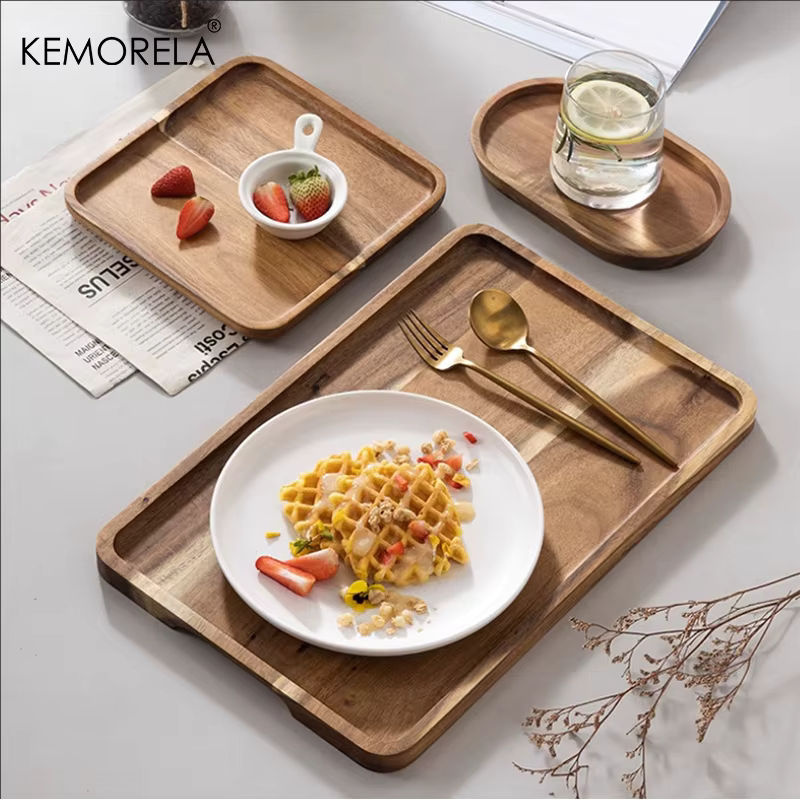 KEMORELA Dekoratives Serviertablett aus Akazienholz in Braun, Rechteckiges Holztablett für Kaffee, Tee und Desserts - Bild 2
