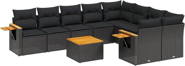 vidaXL 10-tlg. Garten-Sofagarnitur in L-Form aus Polyrattan und Akazienholz mit Kissen, Schwarz - Bild 1