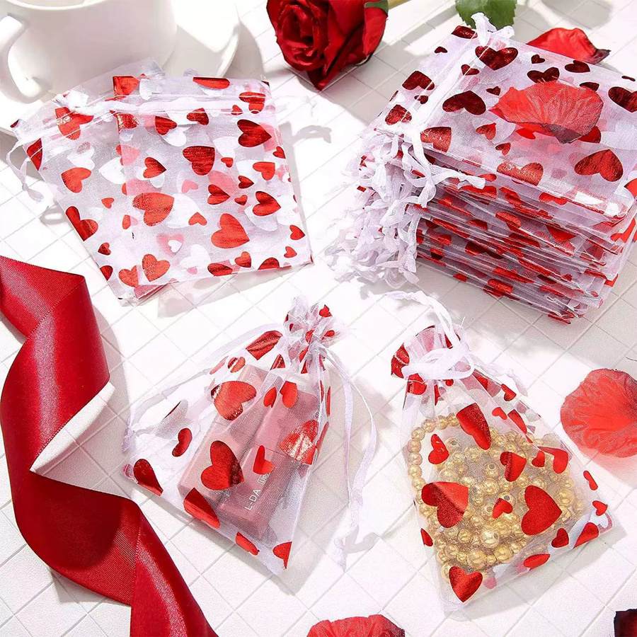 50 Stück rote Herz-Organzabeutel zur Schmuckverpackung und Dekoration für Hochzeit oder Party - Bild 3