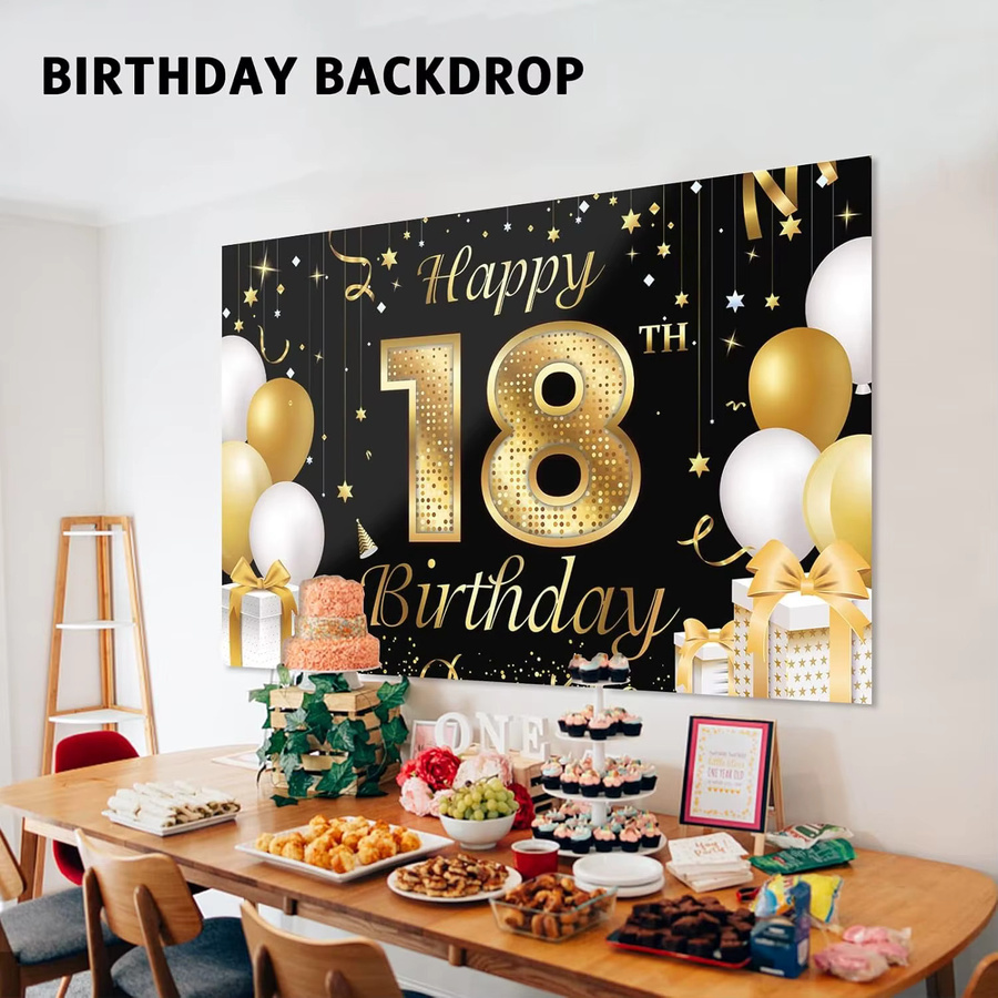 OURFETE Geburtstagsparty Banner Kulisse für den 18. Geburtstag in Schwarz-Gold mit Glitzer-Effekt und Buchstaben - Bild 2