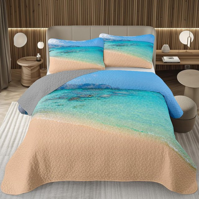 Your Warm Home Bettwäsche-Set Tropischer Palmenstrand mit Steppdecke und Kissenbezügen in Blau, B/H: 200 x 200 cm - Bild 1