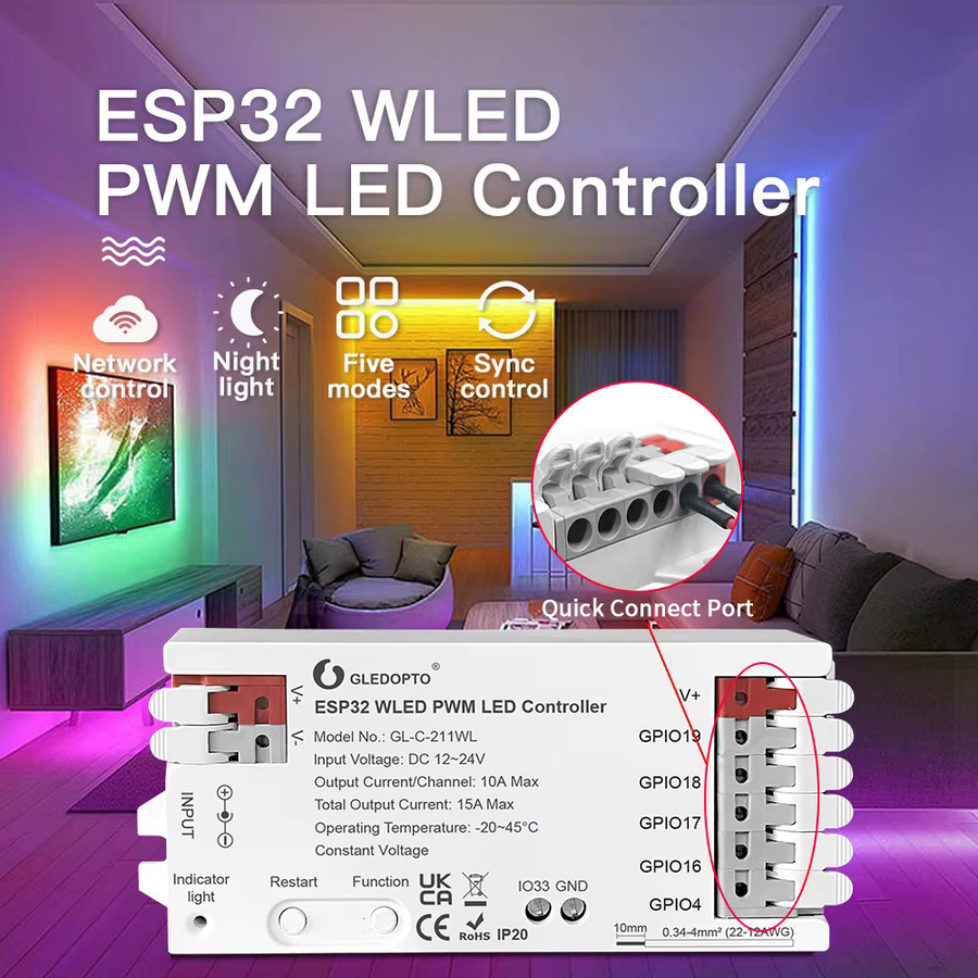 5Matter WLED WiFi 5in1 LED Controller für Tuya Smart, Alexa und Google Home, RGBW CCT Dimmer für DC12V-24V LED Streifen, Weiß - Bild 3